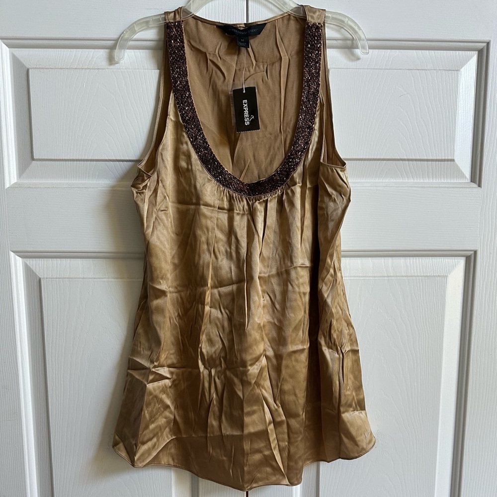 NWT Express Silk Gold/Tan Sleeveless Blouse/Tank with Bronze Beading, Sz Medium